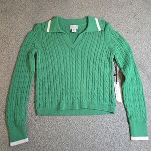Nicole  Miller Preppy Coastal Green White Collared Cable Knit Sweater Ladies S